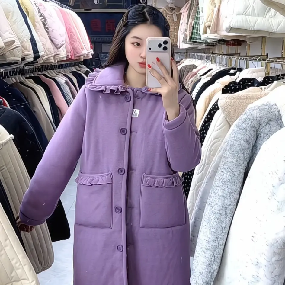 冬季三层加厚花边圆领可外穿女士长款家居服单件