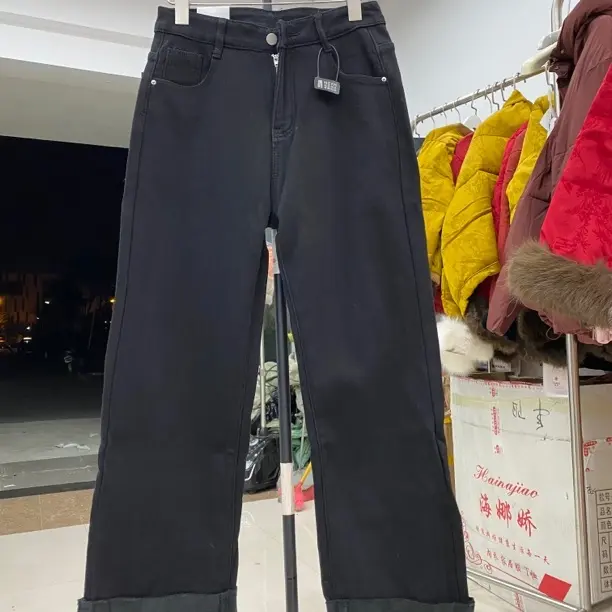 娜娜家加绒加厚黑色高腰直筒牛仔裤女6555