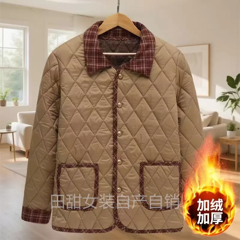 【可z】冬季加绒新款女士花边翻领格子款轻便小香风洋气棉服