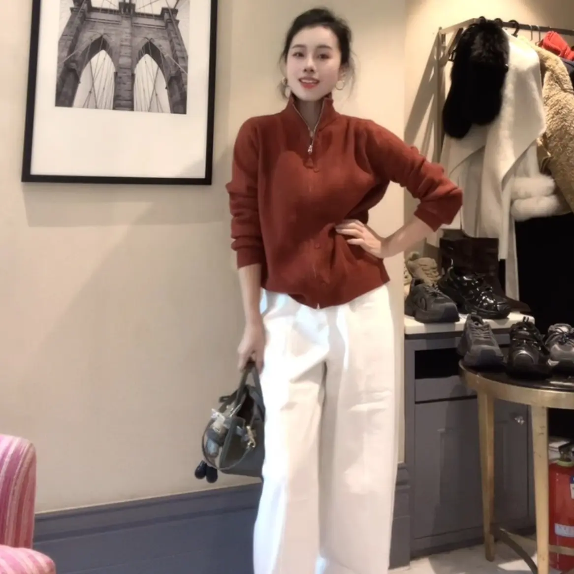 秋冬新款立领拉链针织毛衣开衫慵懒百搭时尚上衣