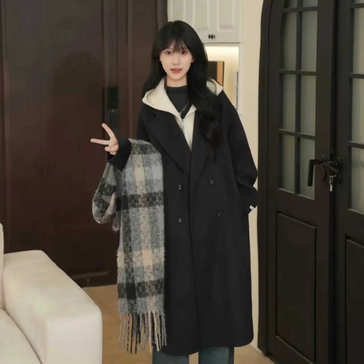 羊毛大衣韩系假两件高贵气质百搭长款宽松女装秋冬加棉新款加厚