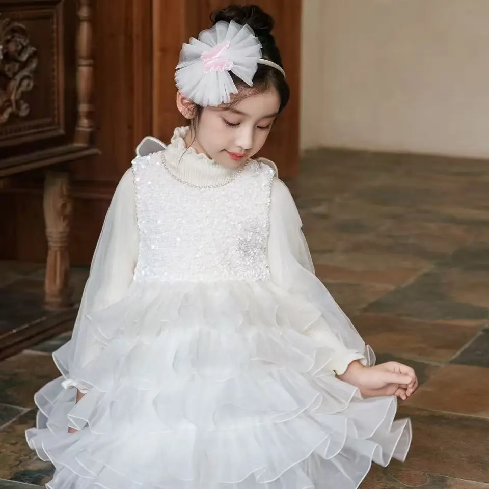 女童秋冬公主风网纱拼接蛋糕裙气质背心连衣裙