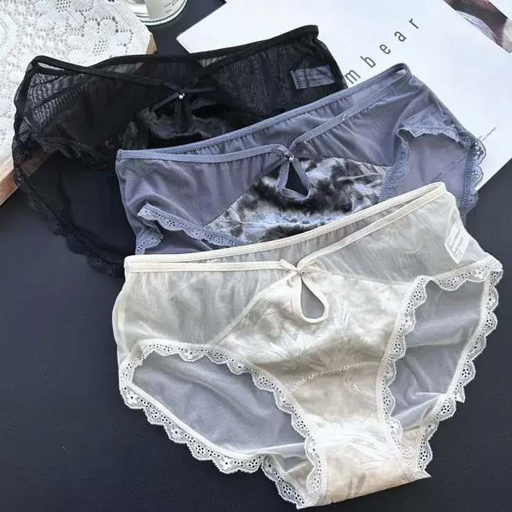 女士新中式低腰压花竹叶丝绒网纱透气蕾丝内裤