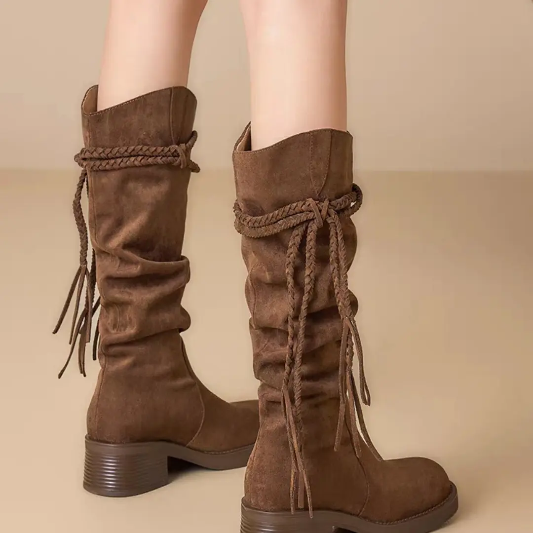 2553-流苏厚底骑士靴女2025新款秋冬季粗跟不过膝显瘦堆堆长筒靴