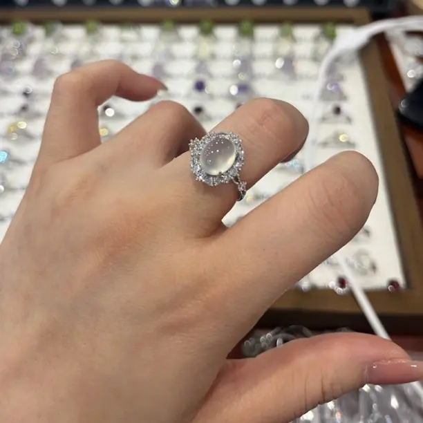 天然岫玉繁花设计925银女戒指