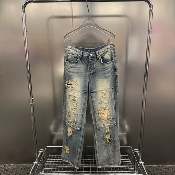 【THUG CLUB】重磅糜烂贴布补丁水洗做旧男士直筒牛仔裤