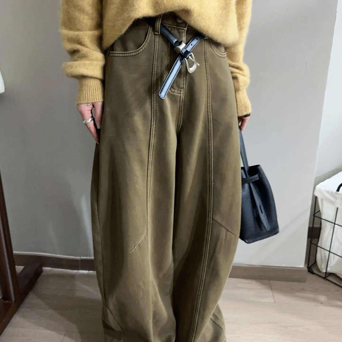冬季加厚军绿色弯刀牛仔裤
