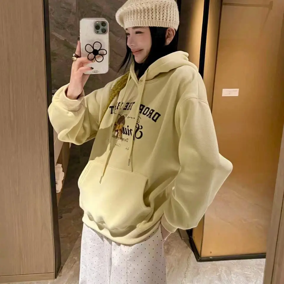 套头款女长袖连帽刺绣直筒型卫衣ins时尚加厚秋季连帽卫衣