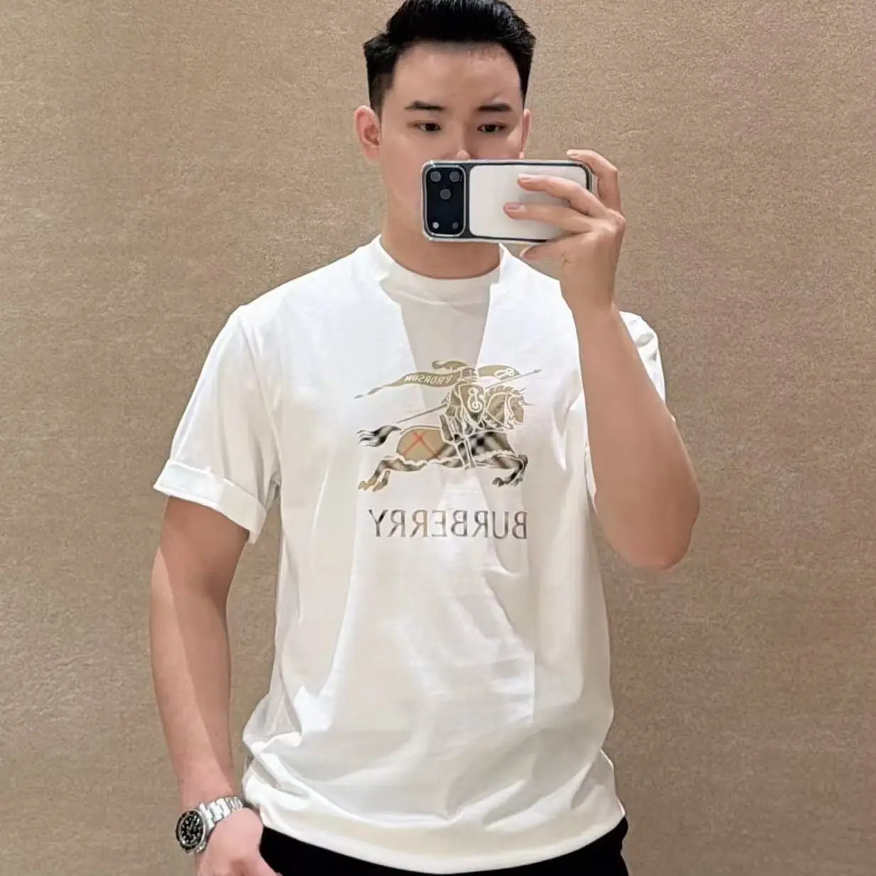 未使用 BURBERRY/博柏利 男款白色格纹战马圆领短袖
