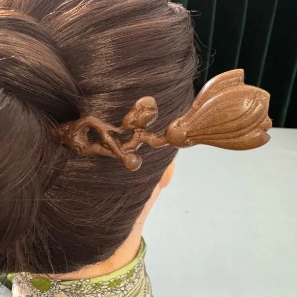 19cm金丝檀木玉兰花簪国风盘发汉服头饰高级感复古古典手工雕刻