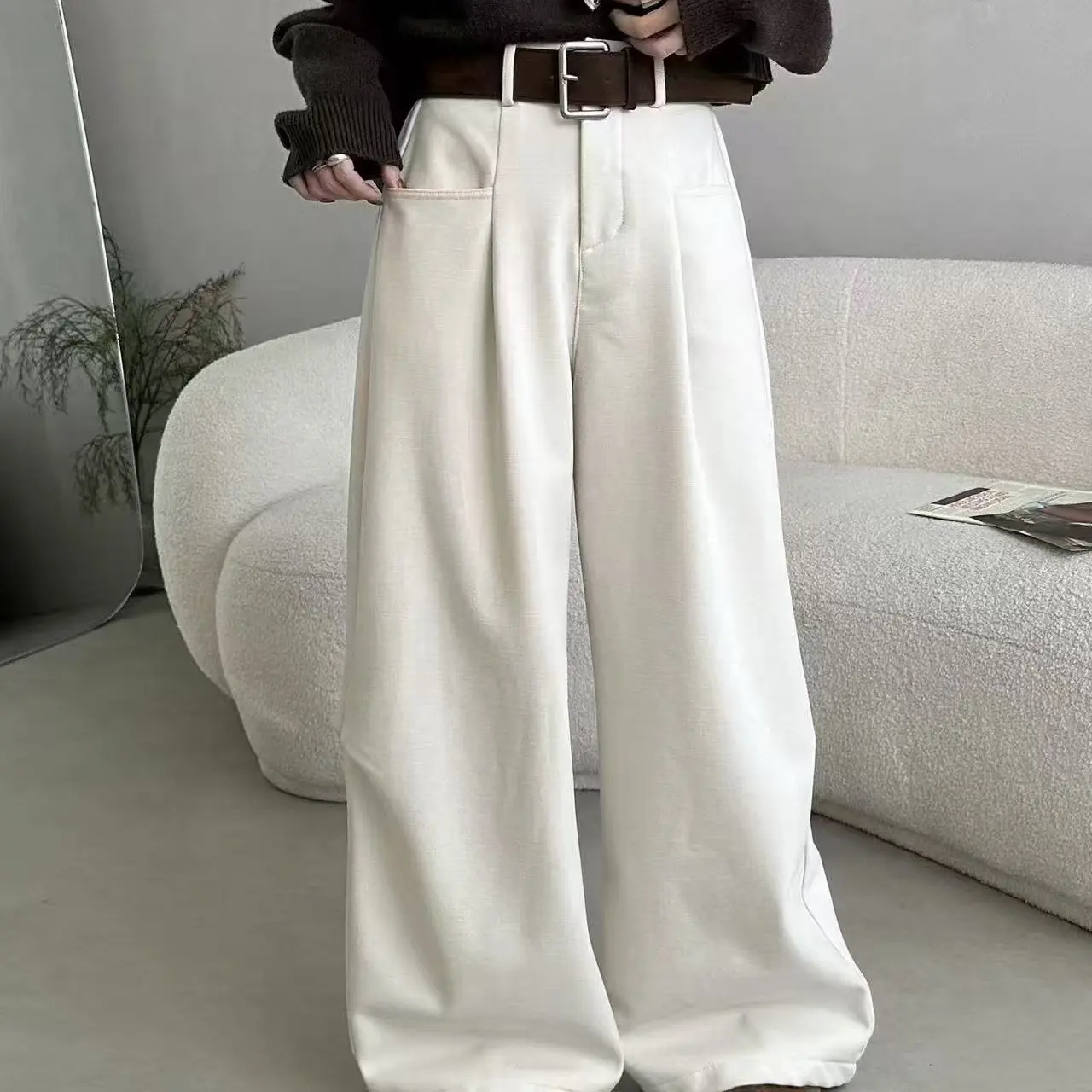 8963裤长100加绒加厚冬季显瘦设计感高腰垂感休闲阔腿裤女韩系