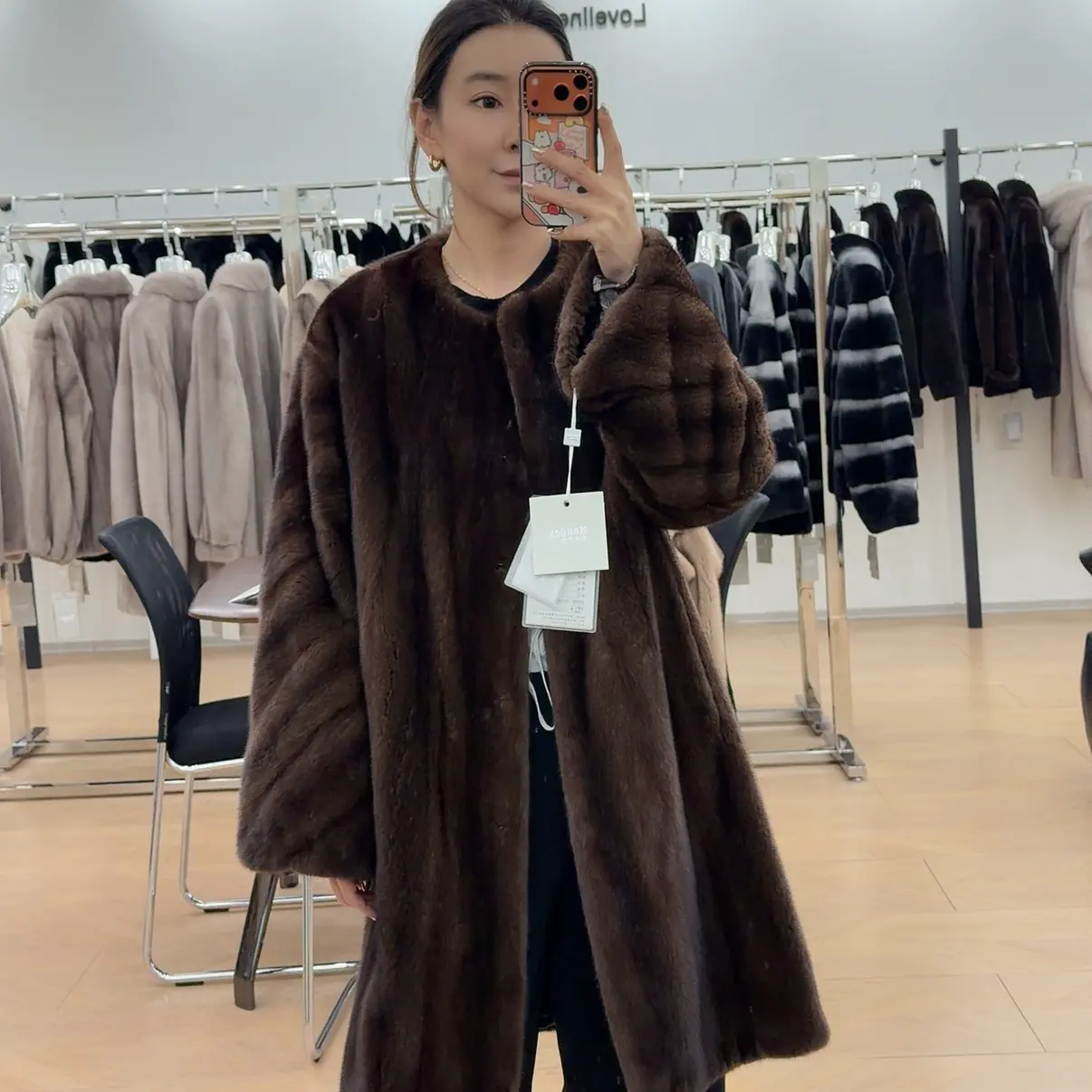 秋冬圆领中长款进口水貂皮草女士外套百搭洋气