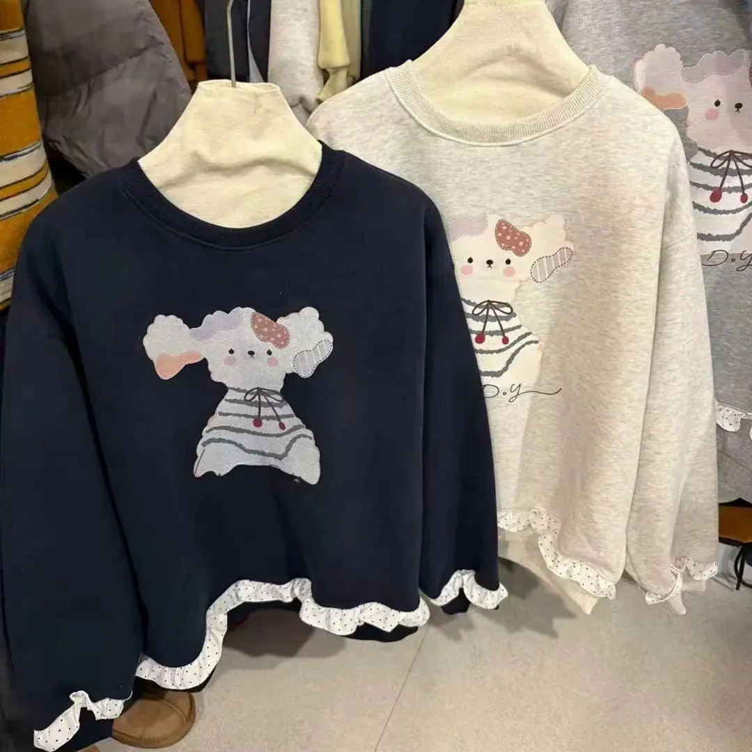 韩系波点拼接花边加绒加厚宽松显瘦套头长袖圆领卫衣女