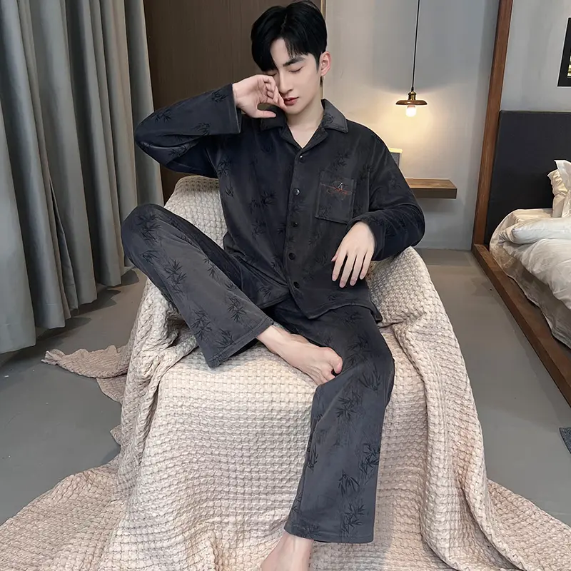 高级感条纹男士睡衣秋冬季海岛绒加厚加绒保暖冬天家居服大码套装