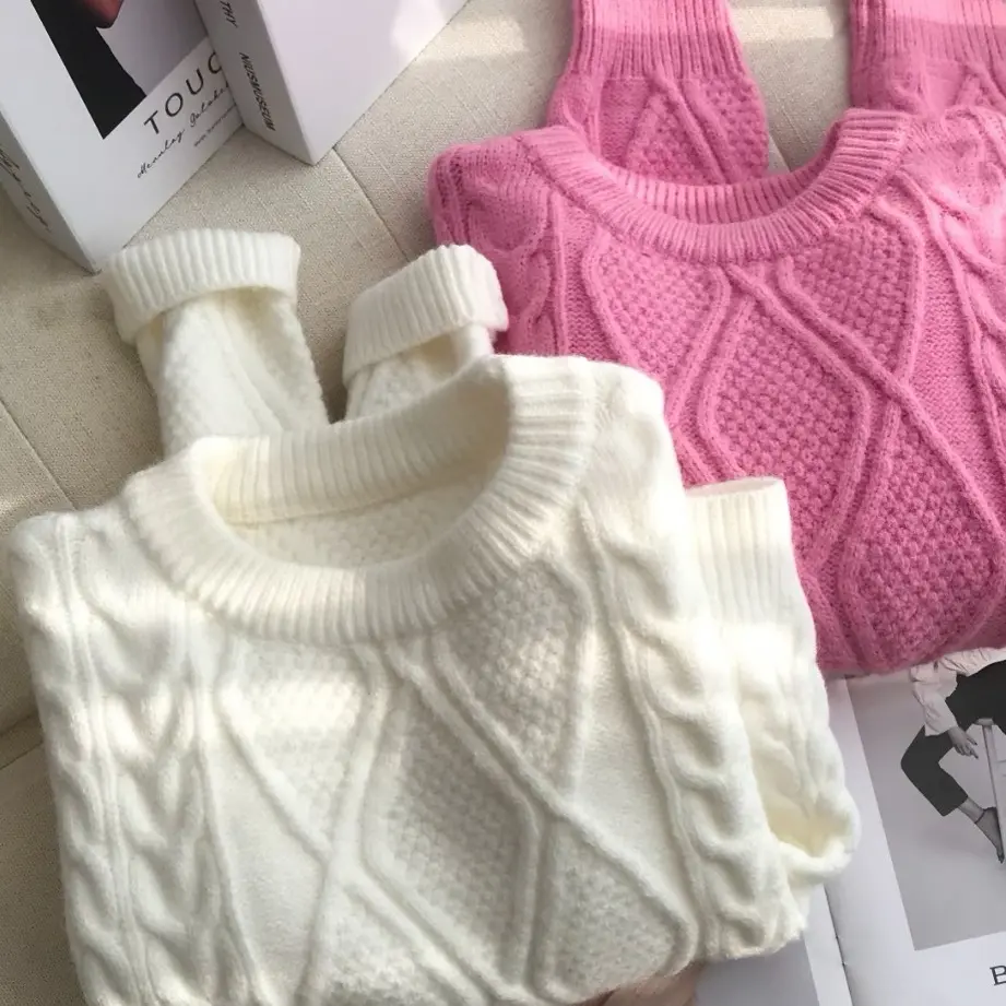 秋冬加厚慵懒韩版菱格绵羊毛混纺针织毛衣女百搭