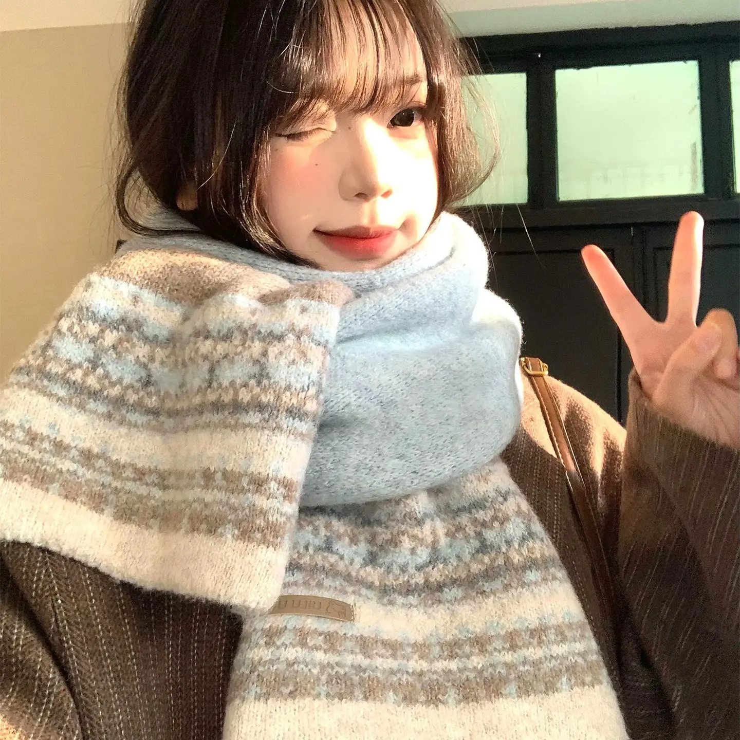 费尔岛风提花蓝色针织围巾女冬季氛围感百搭加厚保暖防寒护颈围脖