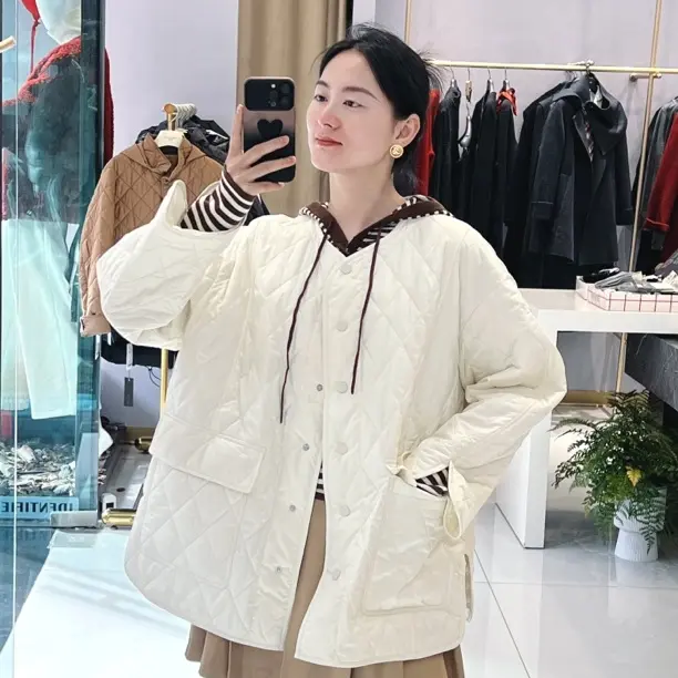 冬季菱形格加厚宽松保暖休闲百搭棉服外套