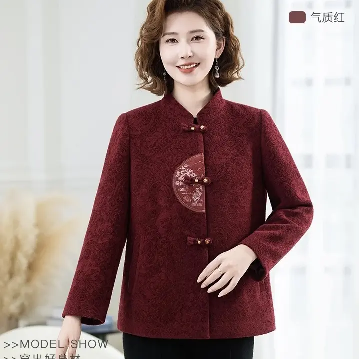 中老年女性春秋毛呢外套新款气质妈妈装喜庆唐装上衣老年人红色