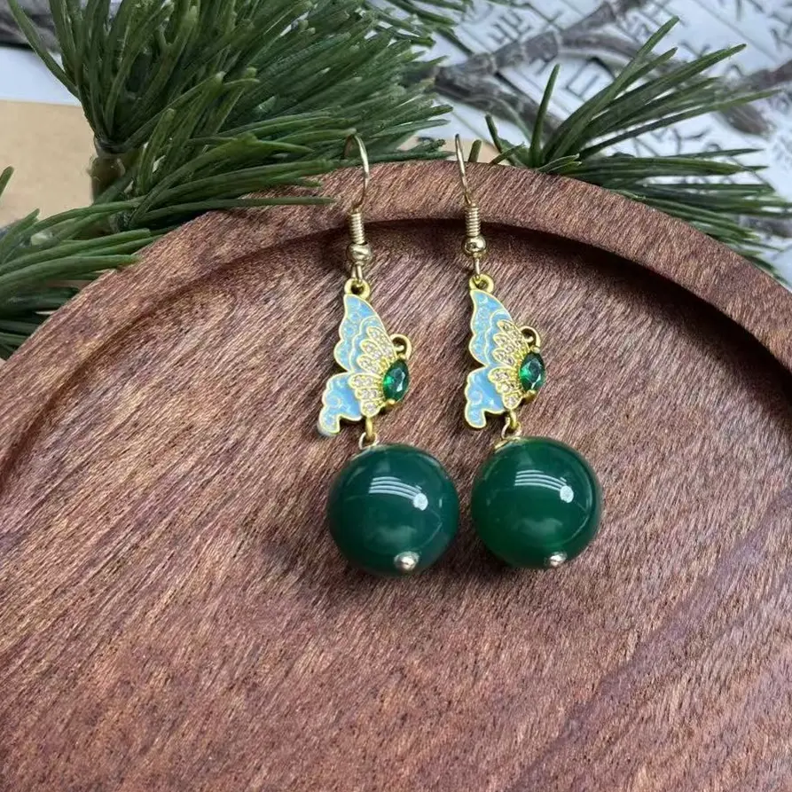 合金珐琅耳饰 原创绿色圆珠耳饰 经典复古时尚女必备090