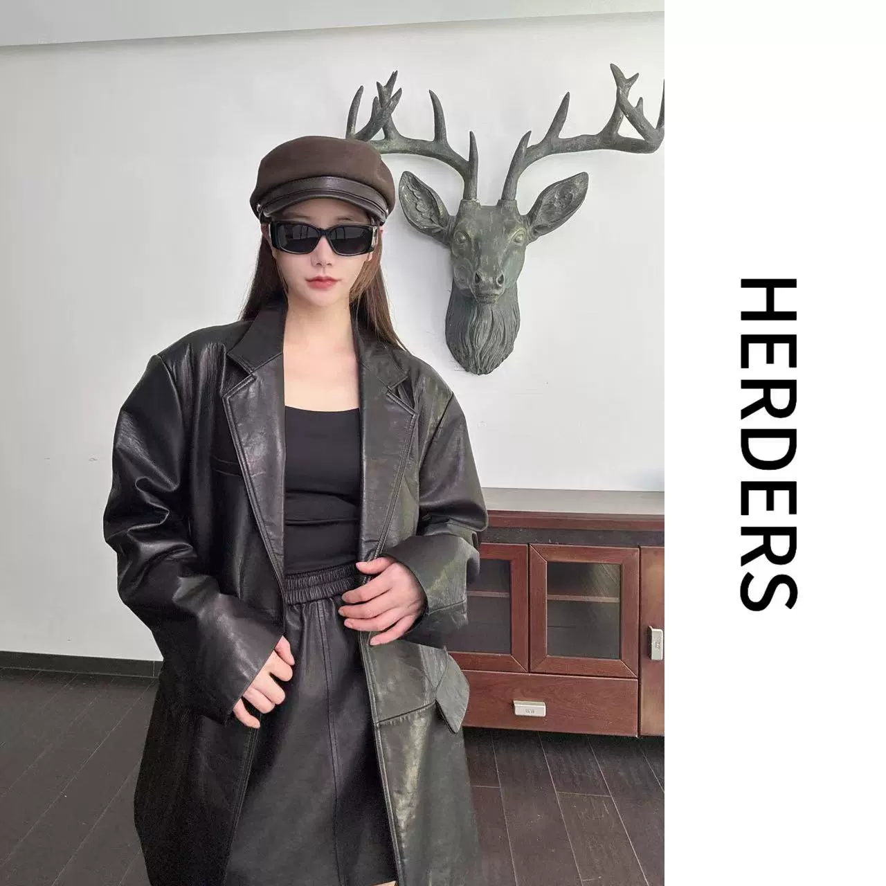HERDERS 中长款翻领真皮植鞣皮西服皮衣外套 40390