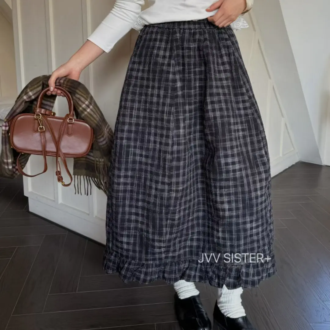 小众百搭高腰显瘦夹棉格纹花苞半身裙女秋冬新款