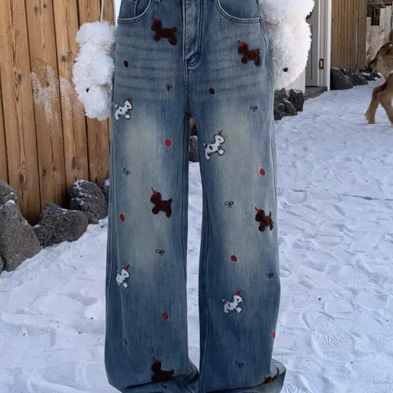（圣诞小狗牛仔裤)蓝色加绒牛仔裤女冬季设计感圣诞刺绣小狗宽腿裤