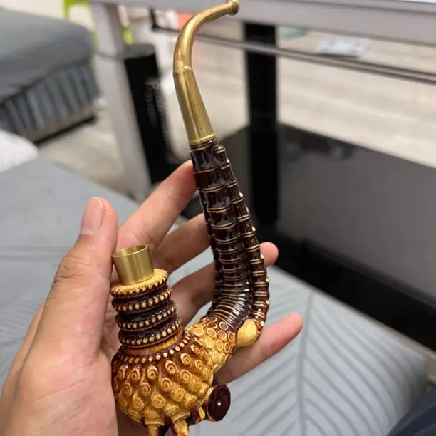 实心竹雕刻一弯两用多火口烟杆二十公分左右手把件