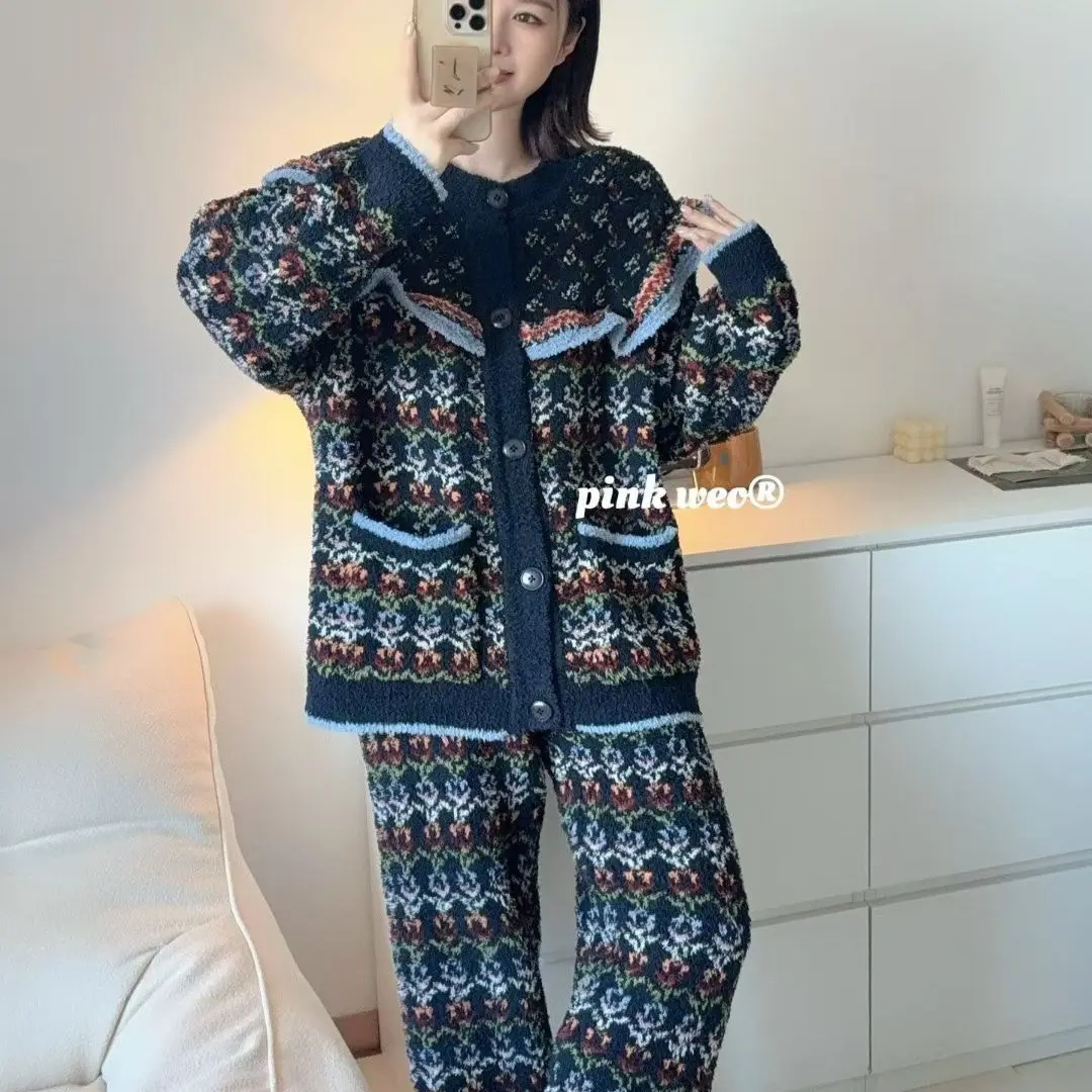 冬季加绒法式复古半边绒女士睡衣保暖可外穿家居服套装