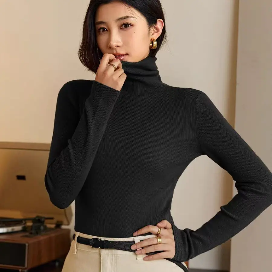 高级美拉德堆堆领毛针织打底衫女秋冬季修身高领内搭毛衣上衣