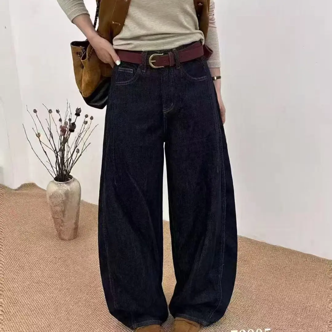 66905秋季时尚高腰显瘦丹宁风宽松阔腿牛仔裤