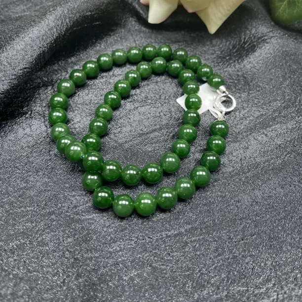 和田玉碧玉菠菜绿圆珠项链高贵百搭卡10
