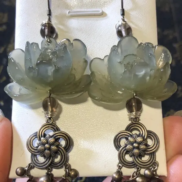 岫玉烟紫灰冰牡丹花925银复古耳环