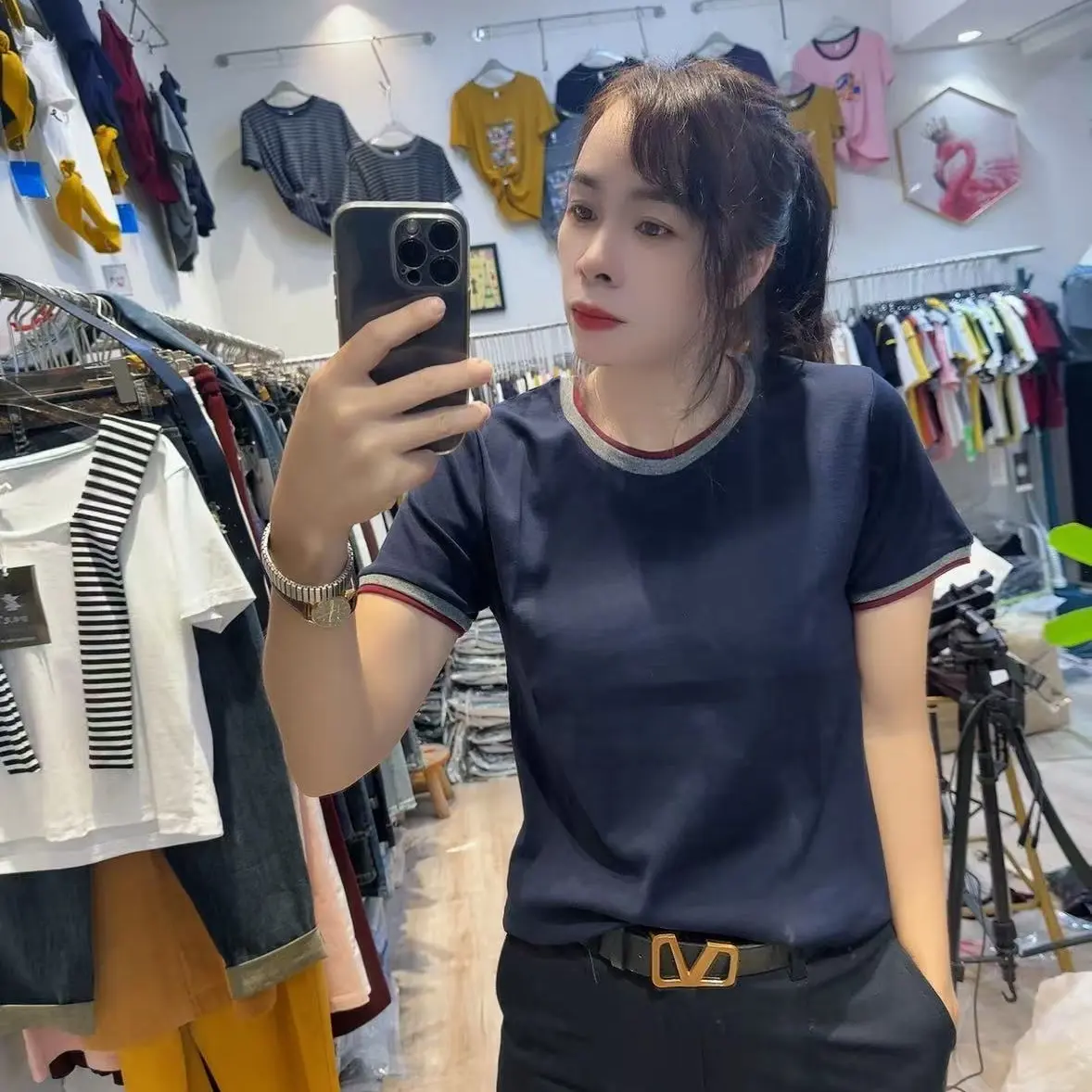 拼色短袖T恤时尚潮流百搭休闲圆领上衣女装上衣772