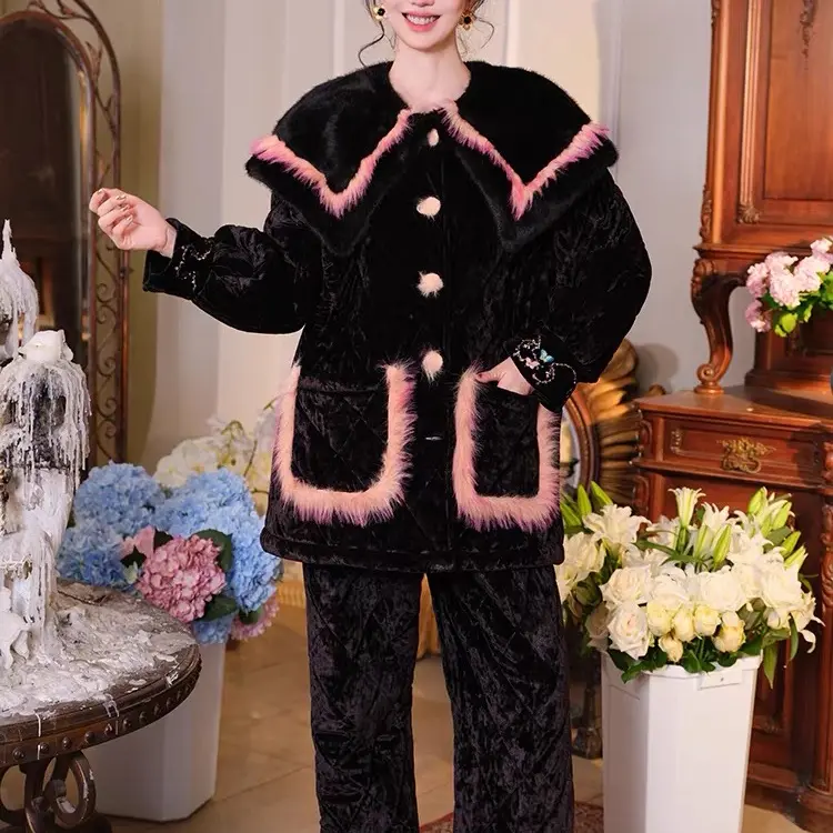 AZ,魔幻森林,丝绒刺绣大翻领三层加厚夹棉加绒冬季可外穿家居服