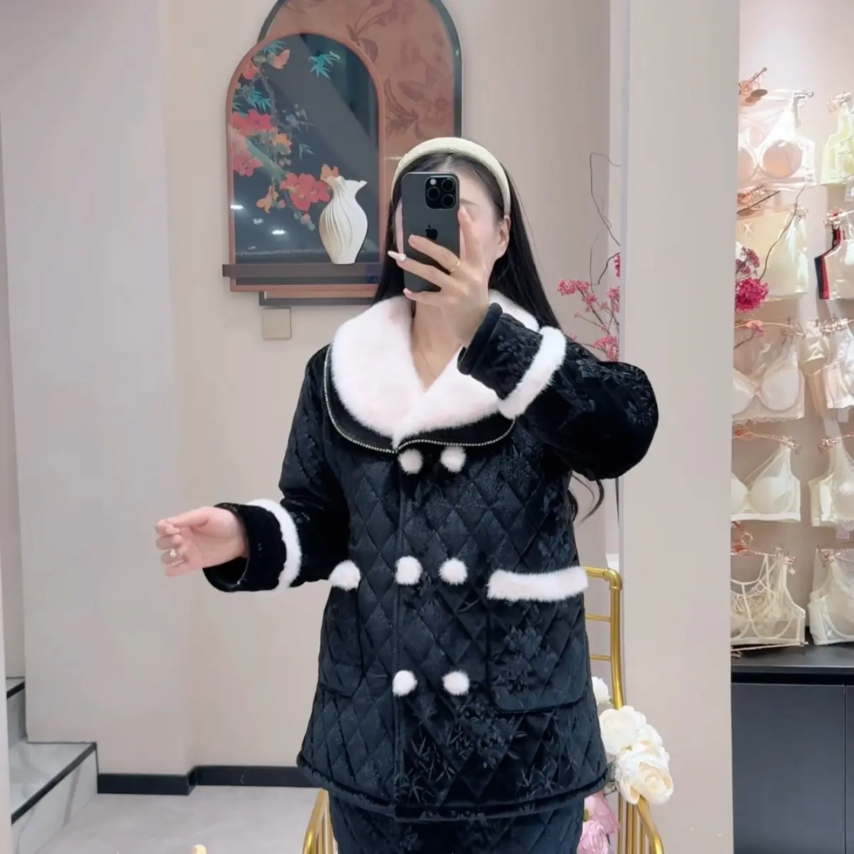 三层夹棉加厚粉领金钻绒翻领保暖可外穿冬季女士家居服套装k2504