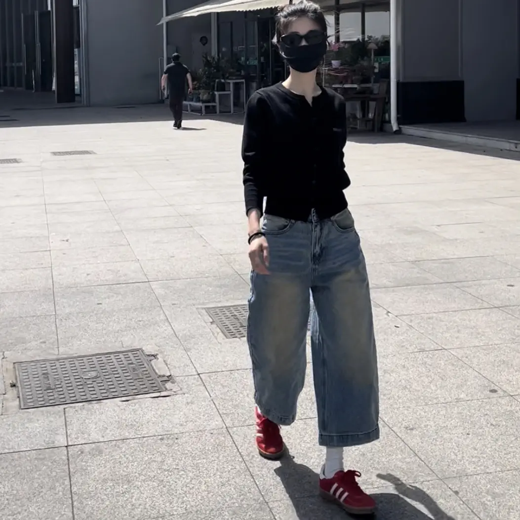 【大门牙 脏脏牛仔】夏款八分牛仔裤休闲高腰复古做旧显瘦水洗百搭