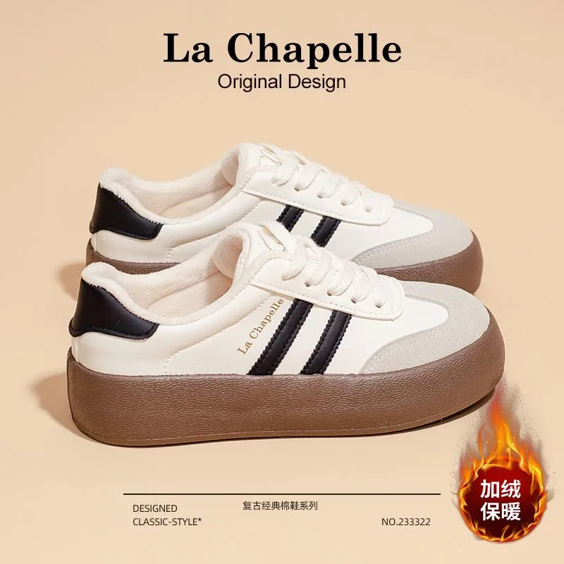 拉夏贝尔复古德训女款秋冬新款百搭休闲时尚小白鞋加绒加厚休闲鞋