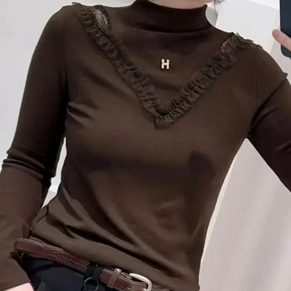 长袖半高领拼接T恤修身显瘦内搭时尚百搭洋气打底衫