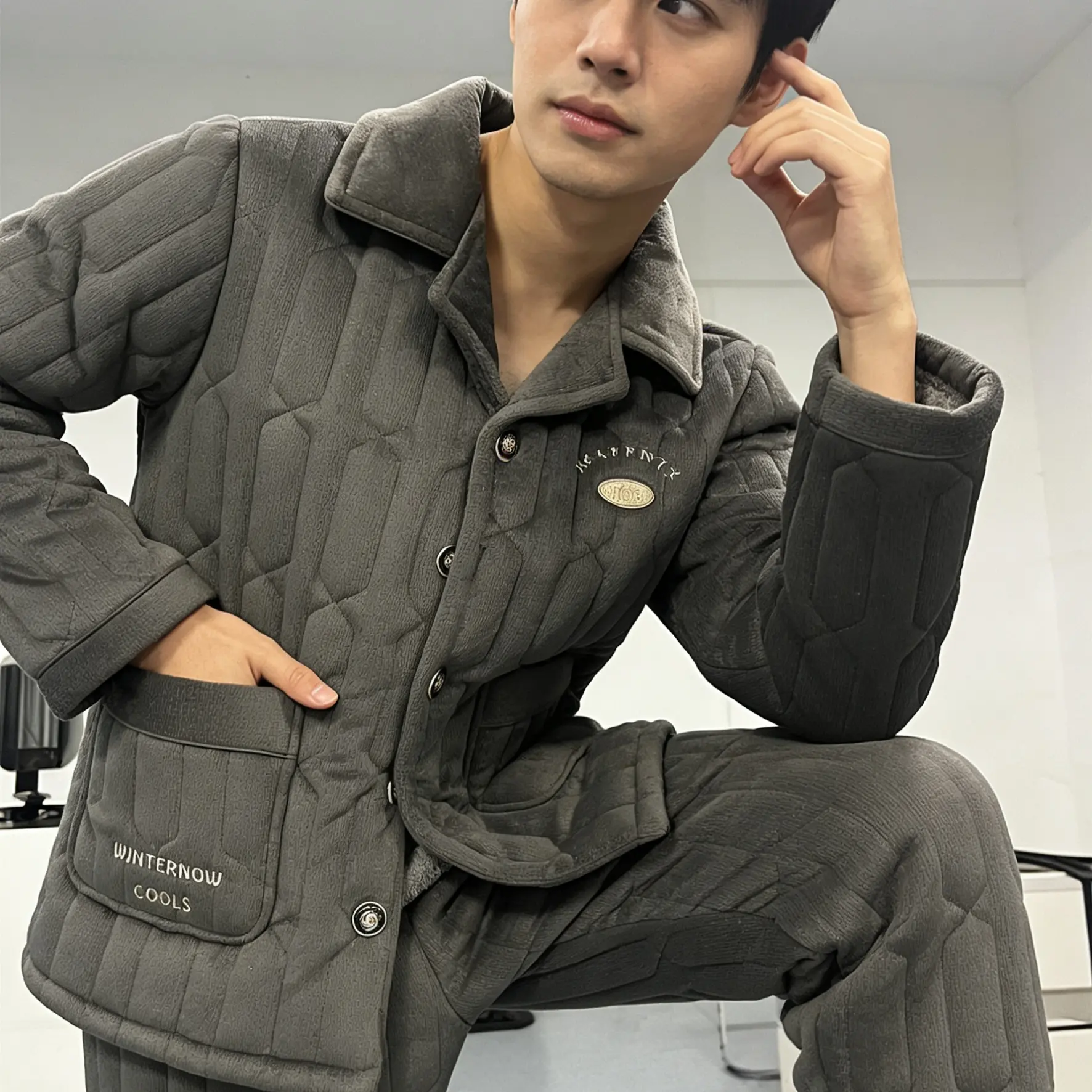 冬天新款特厚男士三层夹棉加绒保暖可外穿睡衣套装