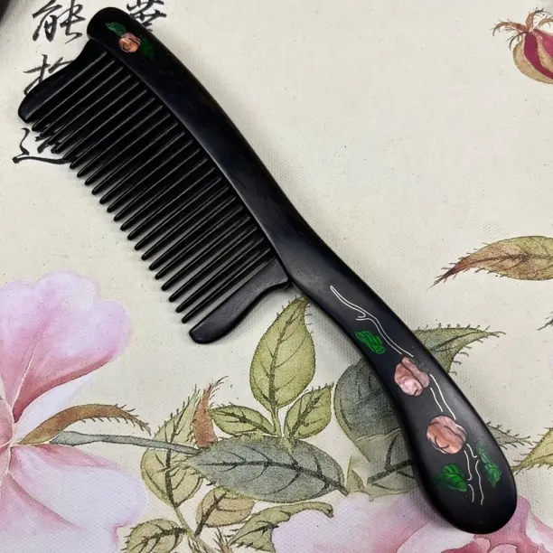 紫光檀木镶嵌插齿木梳 事事如意款