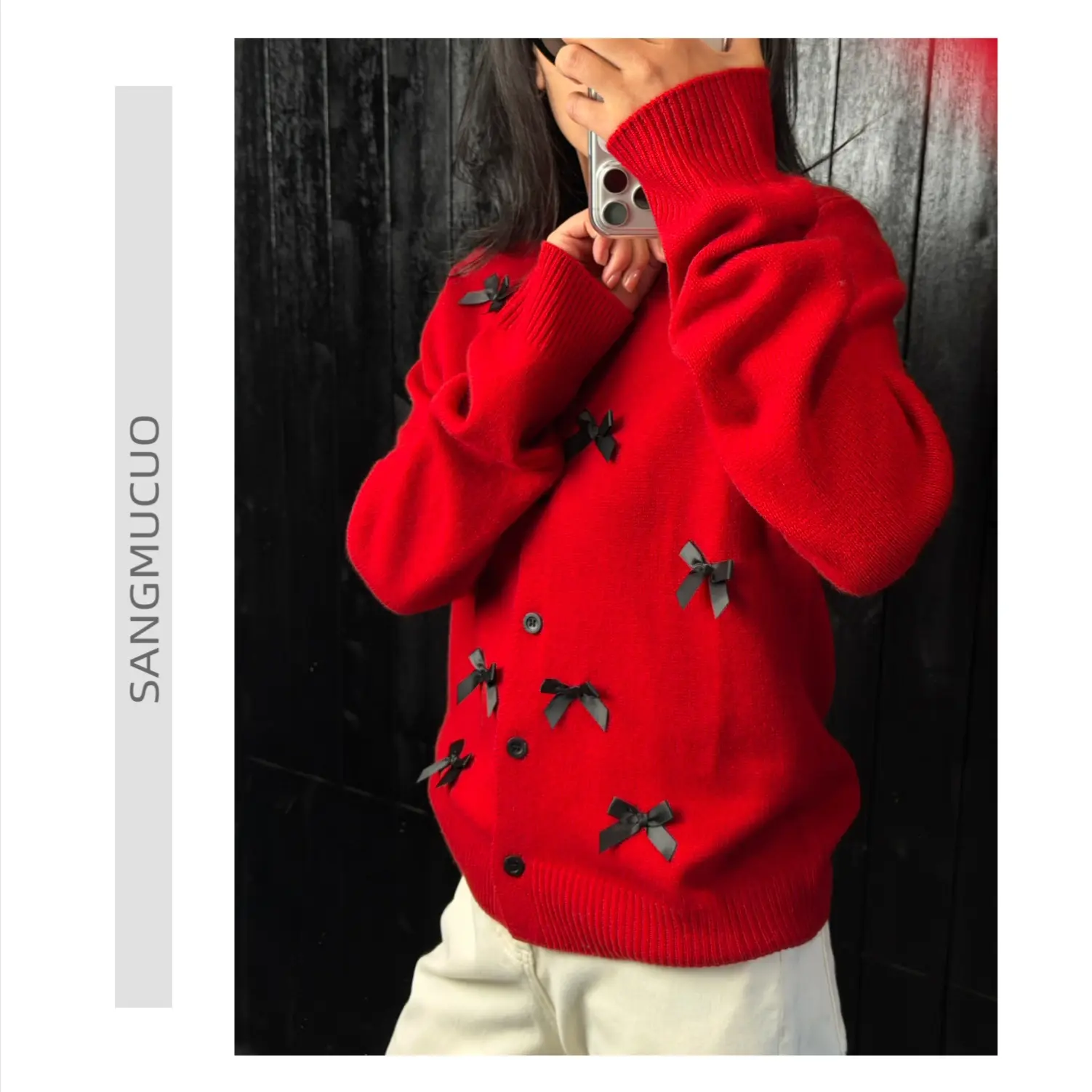 圣诞−【sangmucuo】新款立体蝴蝶结设计感宽松百搭毛衣