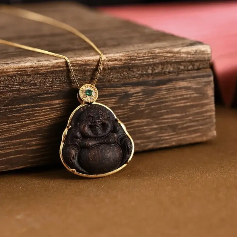 坠链均925银木质 弥勒佛 新中式国风百搭持久留香