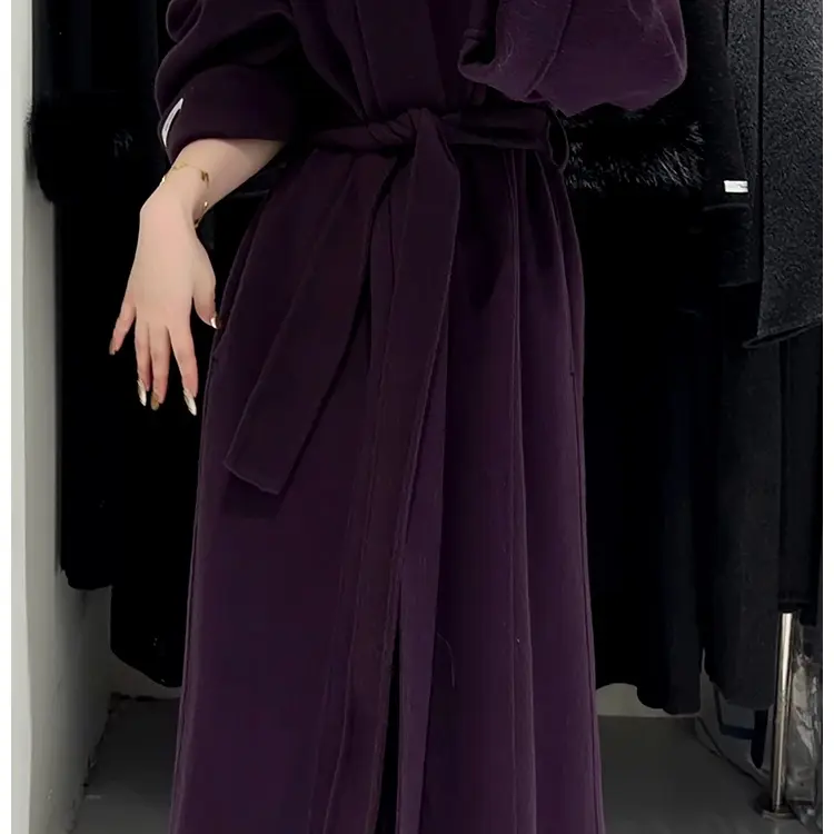 高级感深紫色V领赫本风系带气质女式羊毛大衣秋冬长款外套