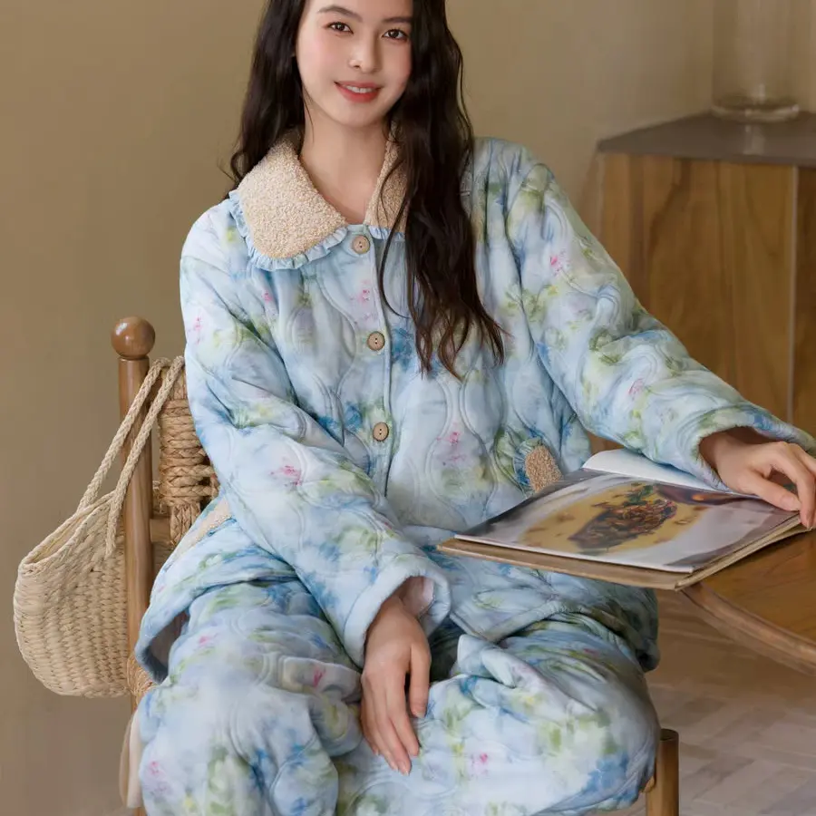 族玛士冬季三层夹棉加厚加绒保暖可外穿女士睡衣套装