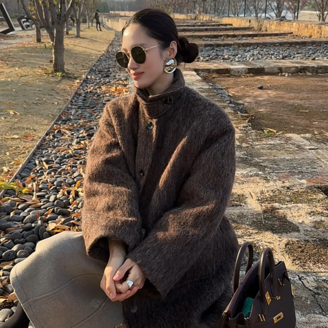 秋冬立领羊驼毛气质中长款大衣