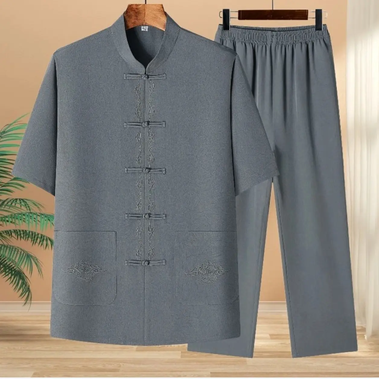 男中老年爸爸夏季短袖套装爷爷薄款休闲两件套衣服