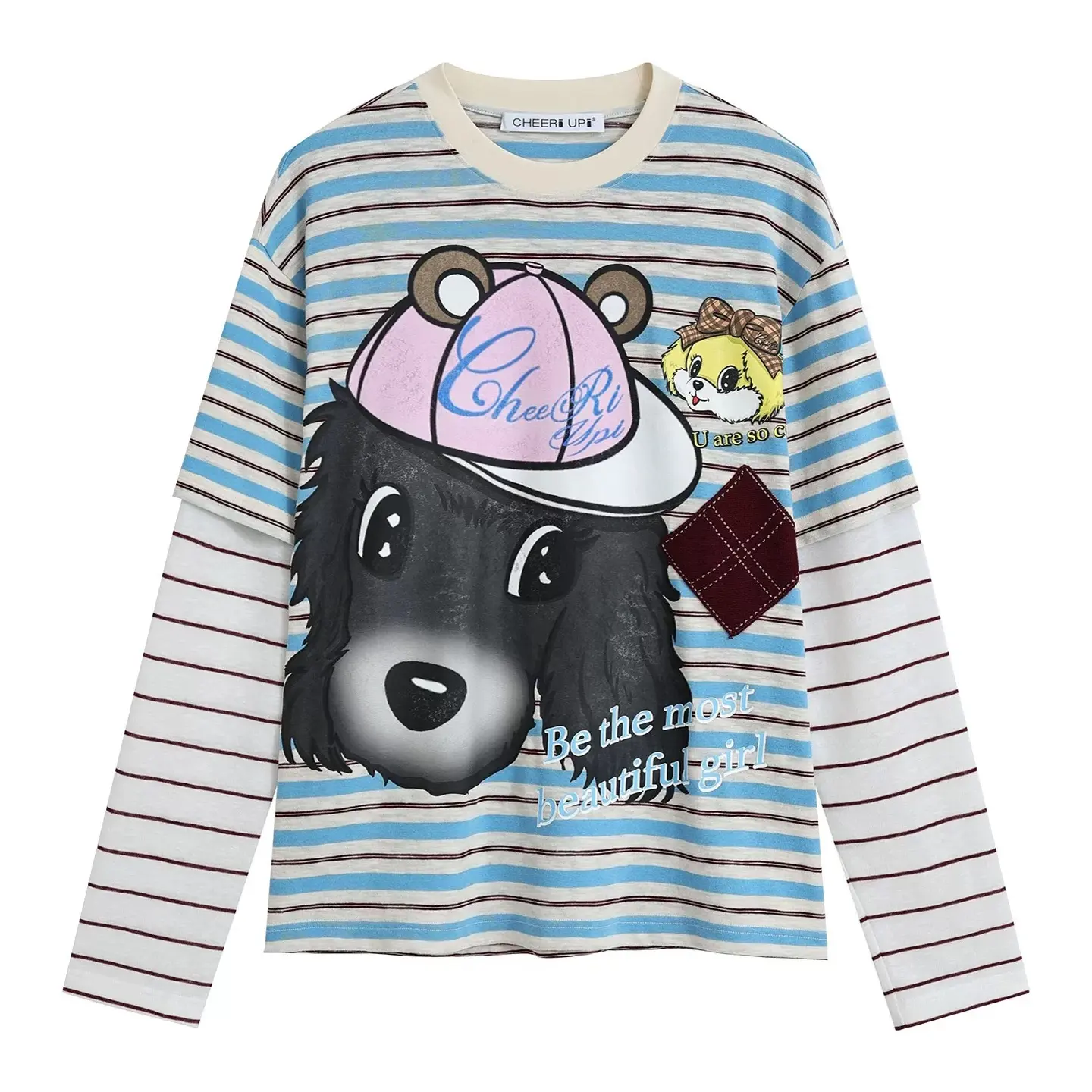 CHEERIUPI2026年春季新款宽松假两件拉布拉多小狗卡通长袖T恤
