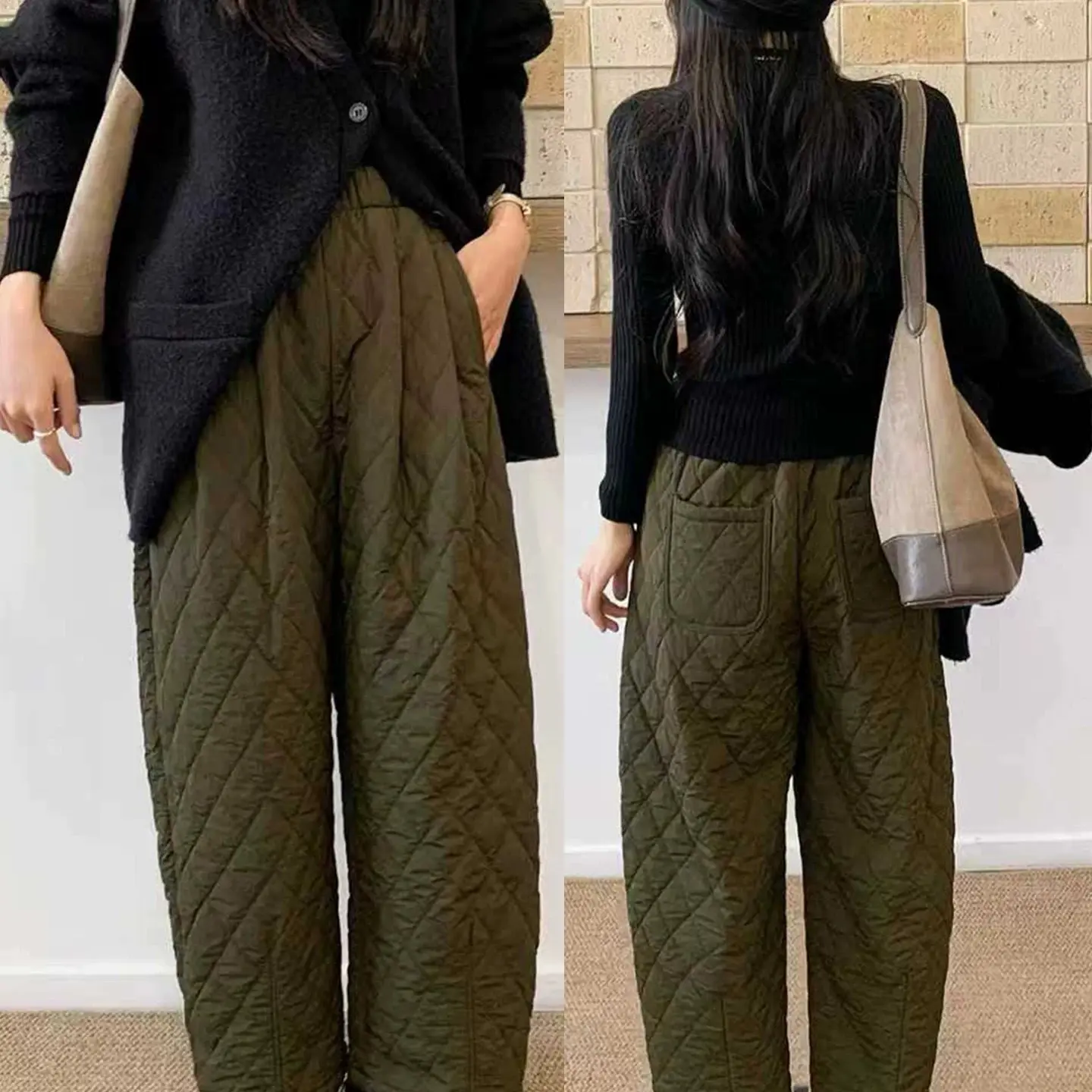 冬季小个子绗缝菱格保暖夹棉女裤窄版阔腿香蕉裤