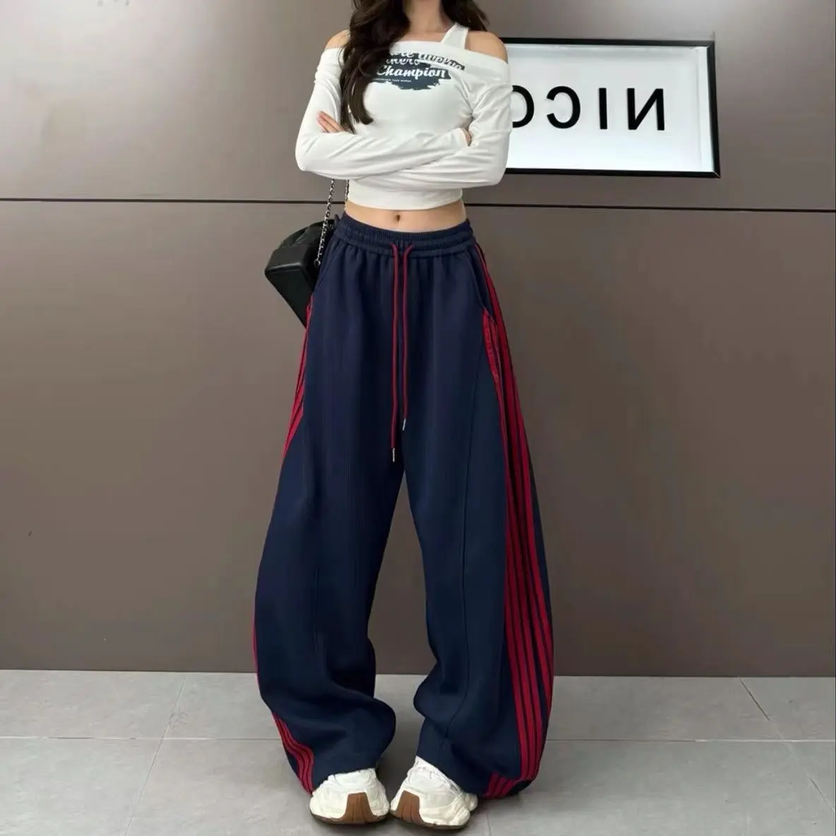 秋季新款重工拼条显瘦宽松时尚休闲裤