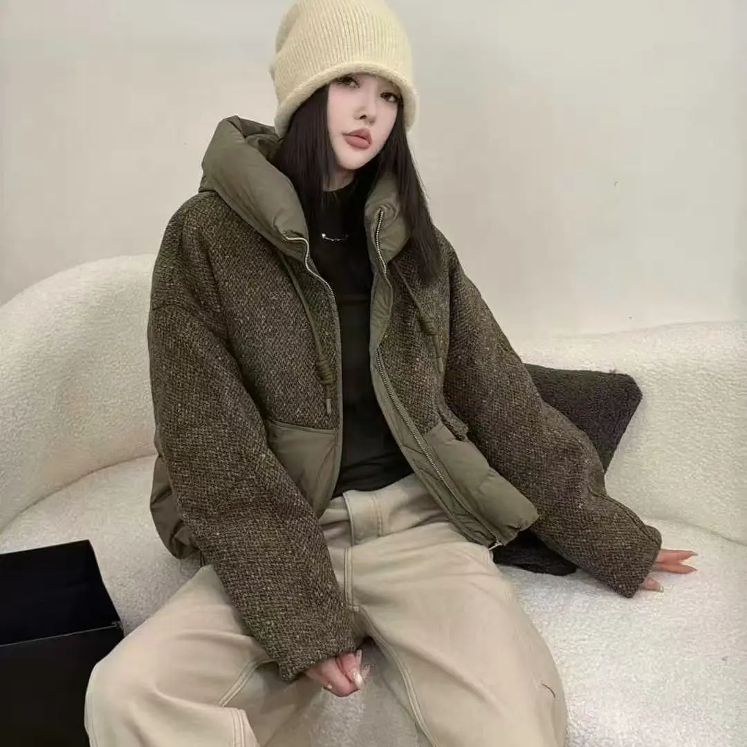 福利款，版型好，好搭配，毛呢拼接短款连帽加厚保暖外套